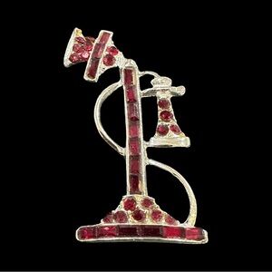 Vintage Red and Silver Telephone Brooch Rhinestone Inlay